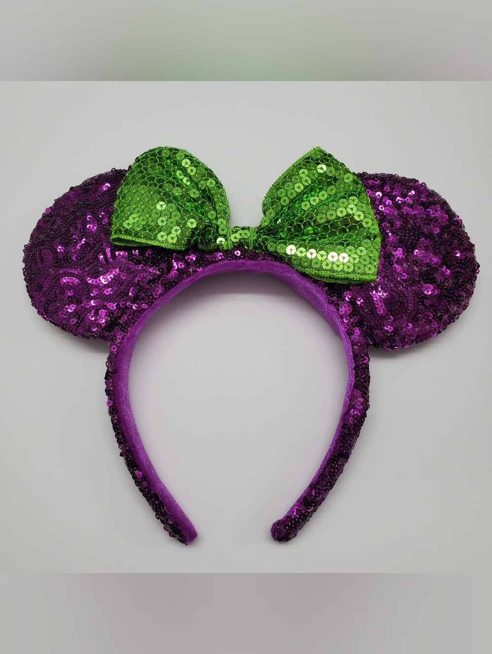 Disney Parks Halloween Purple Sequin Minnie Ear Headband with Green Sequin Bow